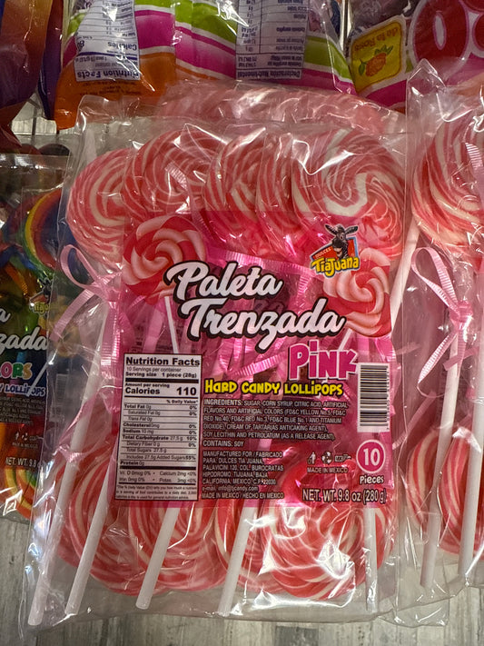 Paleta Trenzada Pink Hard Candy Lollipop 10pk
