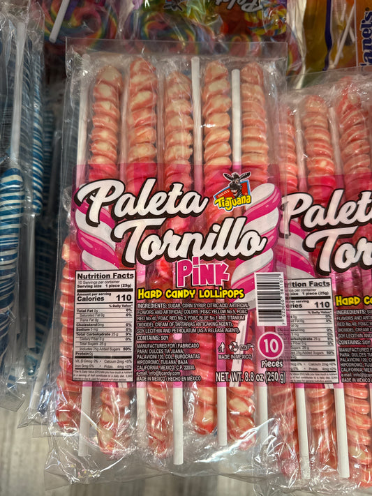 Paleta Tornillo Pink Hard Candy Lollipop 10pk