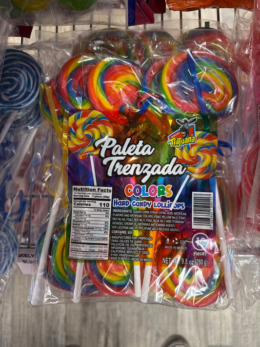 Paleta Trenzada Rainbow Hard Candy Lollipop 10pk